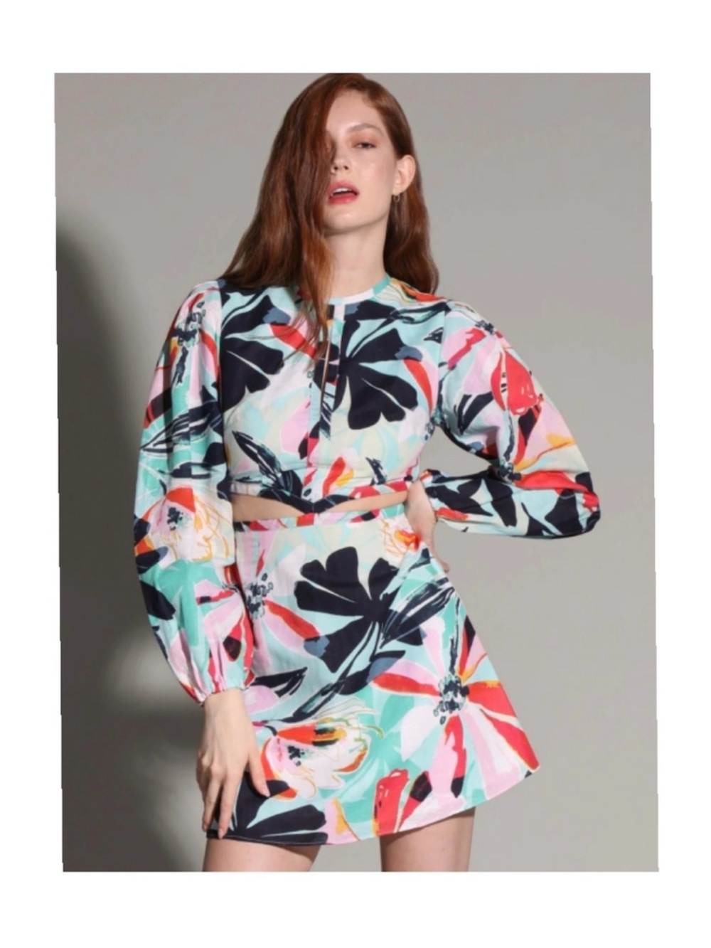 Bold Floral Two-Piece Crop Top & Skirt Set - Mint, Coral, Black! Linen/cotton!